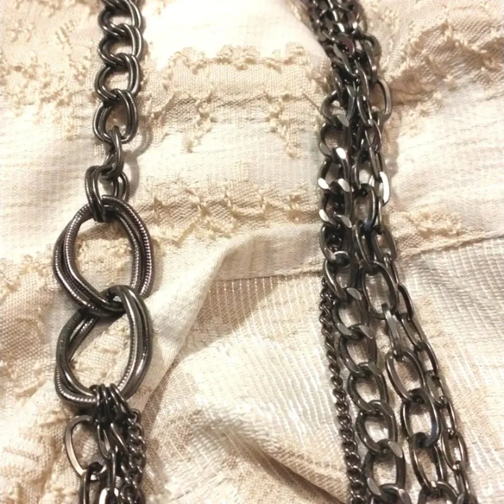 70s Necklace Long Chain 4 Strand Gun Metal‎ Layered Hippie Gypsy Office Career